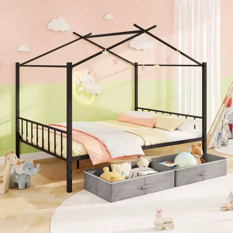 Costway Full Size Metal House Bed w/ 2 Fabric Drawers Heavy-Duty Platform Bed