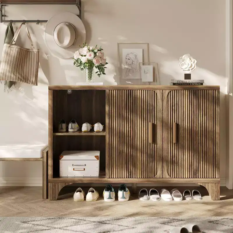 Modern 3-Door Storage Cabinet with Fluted Doors & Adjustable Shelves