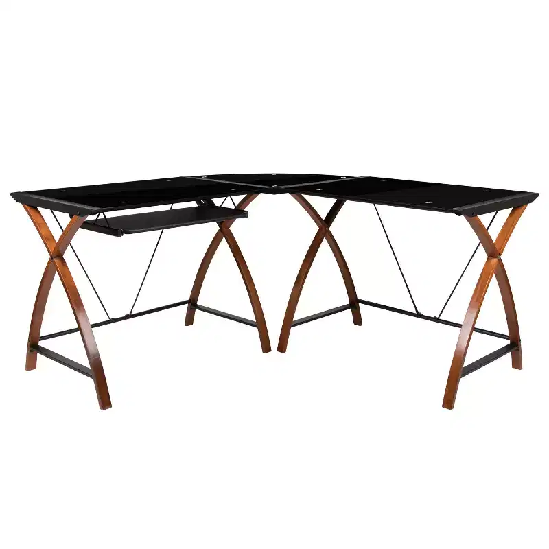 Emma and Oliver Glass L-Shape Corner Computer Desk with Pull-Out Keyboard Tray