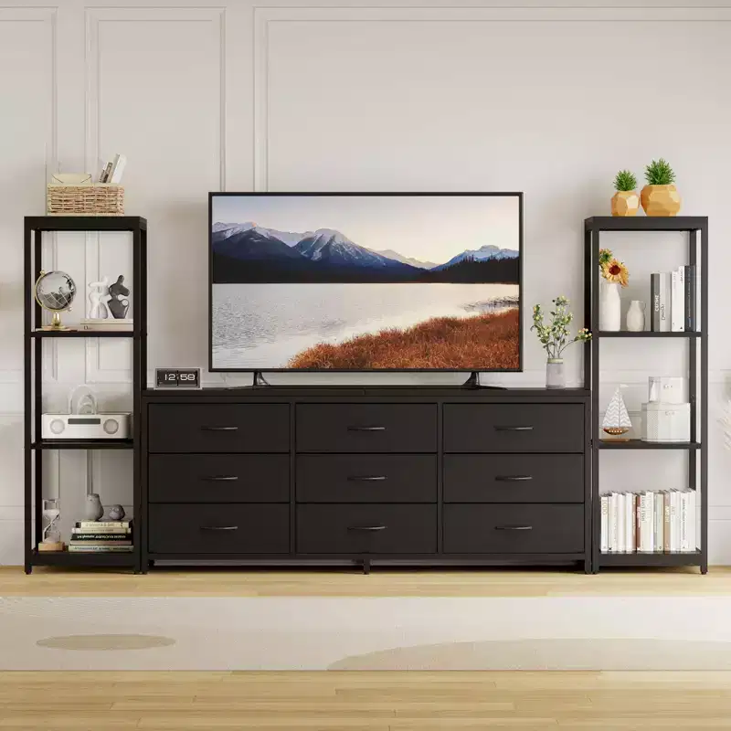 TV Stand for TVs up to 75-inch,Industrial Entertainment Center with 6 Fabric Drawers&Two 4-Tier Storage Shelves,Media Console for Living Room&Bedroom