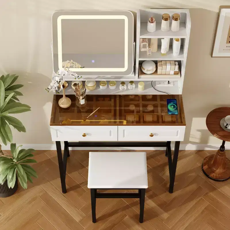 Makeup Vanity Desk, Modern Dressing Table Vanity with Mirror, 2 Drawers & Sturdy Metal Leg and Stool - White