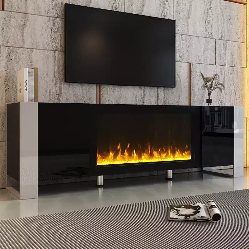 Modern TV Stand Fits TVs up to 78 in. with Non-heating Electric Fireplace Appearance and 2 Cabinets