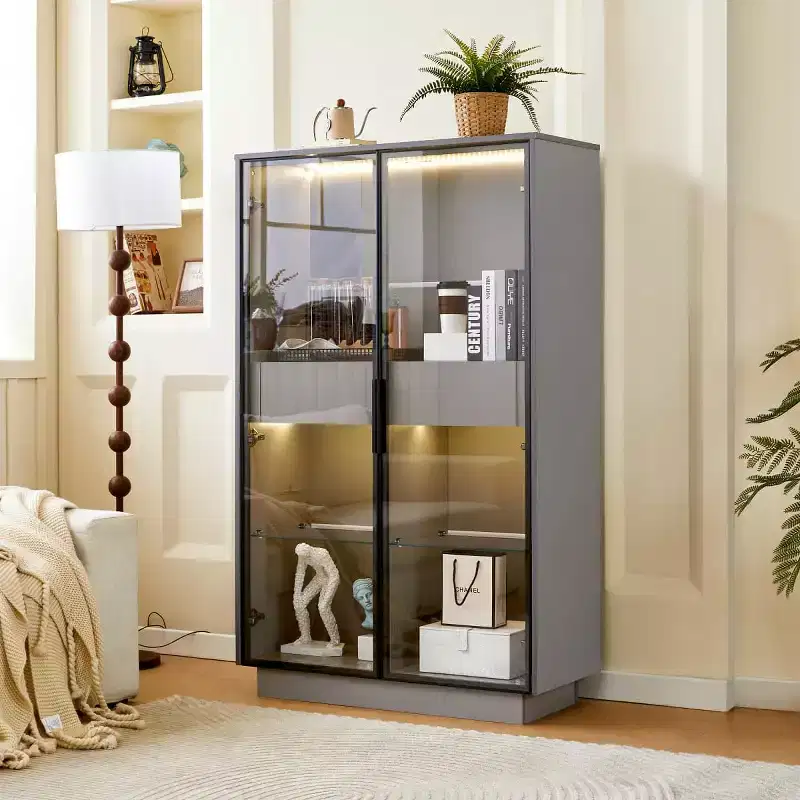 60.6 Tall Display Cabinet with Drawers and Glass Shelves, Modern Storage Unit with LED Lights For Living Room - Panipeachy