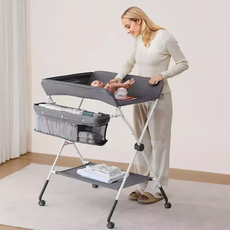 Foldable Baby Changing Table, Diaper Change Station with Side Basket, Lockable Wheels, Multi-Functional Storage Organizer for Nursery, Dark Gray