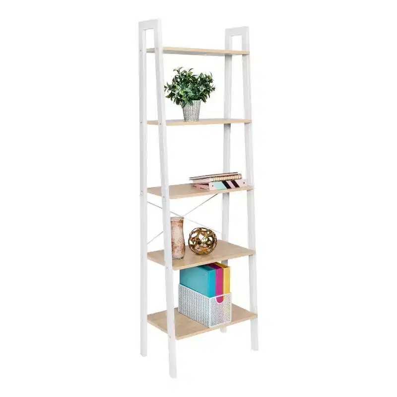 5 Tier White Ladder Bookshelf, Steel Frame, 67.7