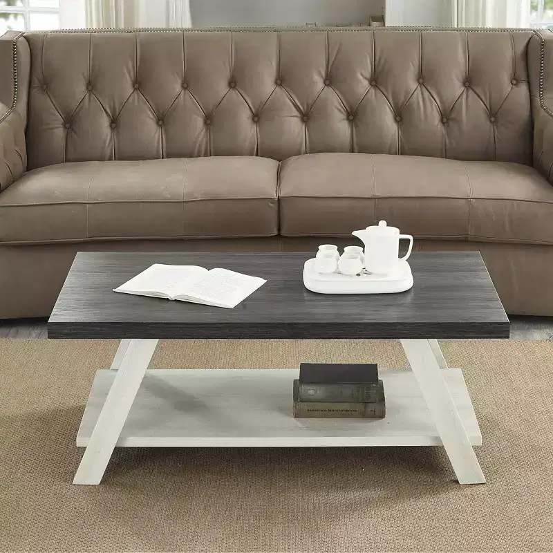 Fun little toys brand Athens Contemporary Two-Tone Wood Shelf Coffee Table in Weathered Charcoal and Beige