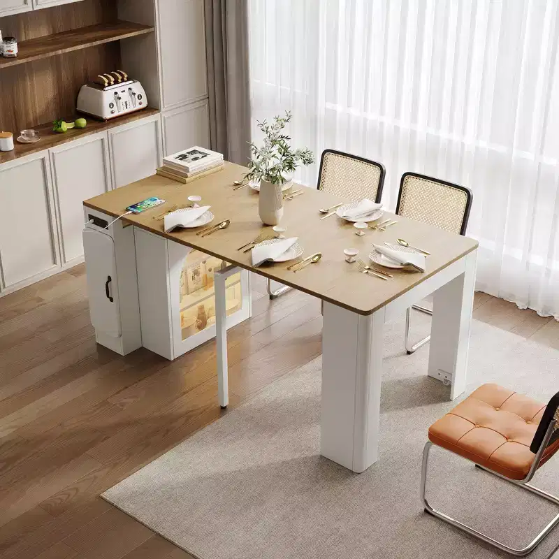 59IN Extendable Dining Table with Removable Middle Leaves, Kitchen Table with Power Outlet, Dinner Table for Dining Room