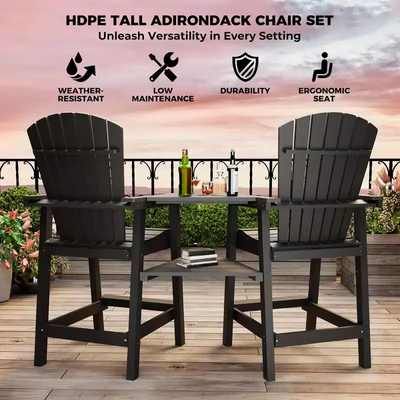 Outdoor Recycled Poly Adirondack Barstools with Connecting Tray, Tall Adirondack Chairs Bar Chairs for Deck, Patio Bar Stool Chair Set of 2