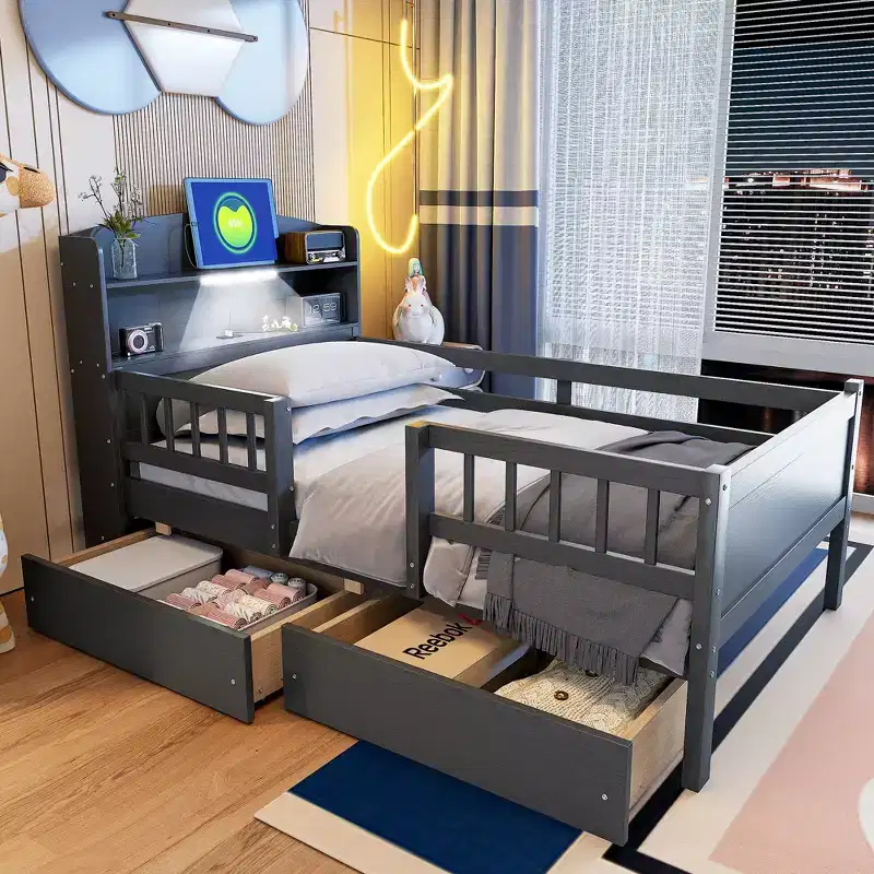 Whisen Twin Size Wood Platform Bed with Built-in LED Light, Multi-functional Headboard, Guardrail and Drawers
