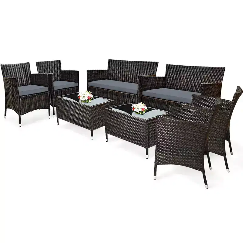 Costway 8PCS Rattan Patio Furniture Set Cushioned Sofa Chair