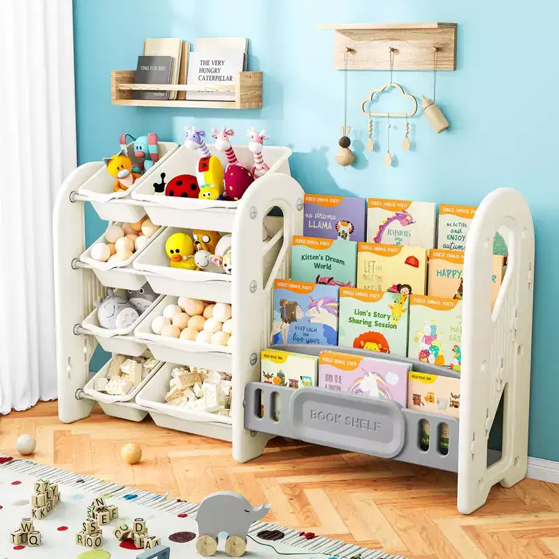 Toy Storage Organizer with 4-Tier Bookshelf and 8 Bins Kids Book Rack Cabinet HDPE for Playroom Bedroom Nursery Freestanding