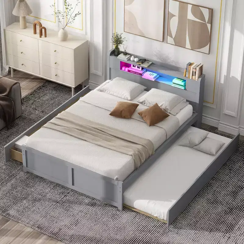 Queen Size Platform Bed with Trundle, 2 Storage Drawers and LED Headboard