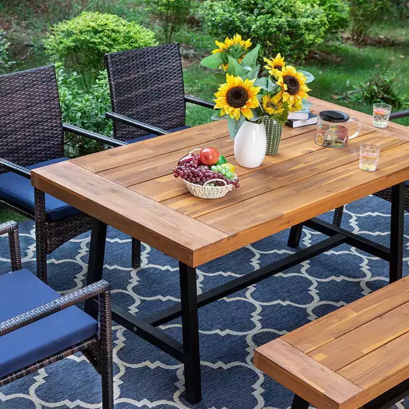 6pc Patio Dining Set: Acacia Wood Table, Bench, 4 Rattan Armchairs - Captiva Designs