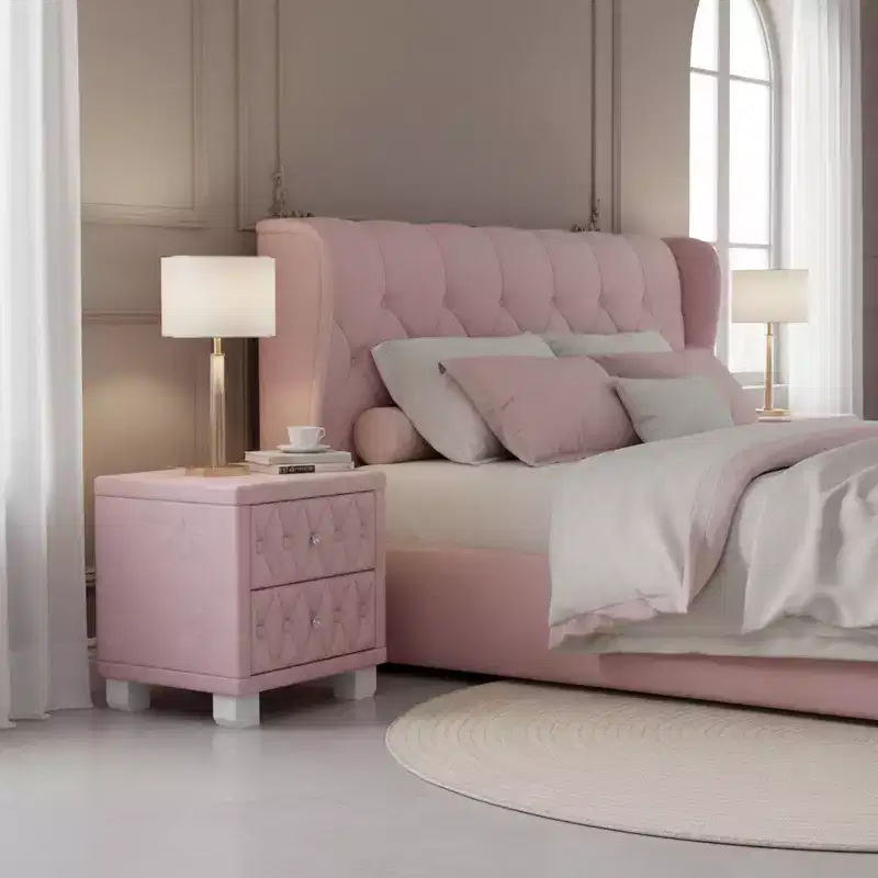 Nightstand Upholstered 3-Drawer Bedside Table with Diamond Tufted Front and Crystal Knobs
