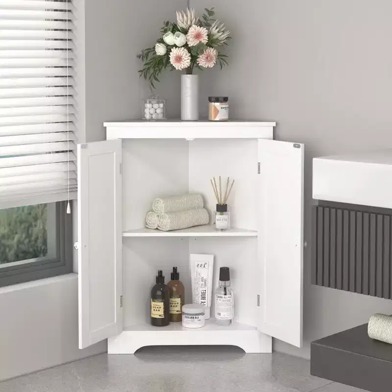JVNOXK Compact freestanding corner cabinet with two doors and adjustable shelves, standalone unit suitable for bathrooms and kitchens, white
