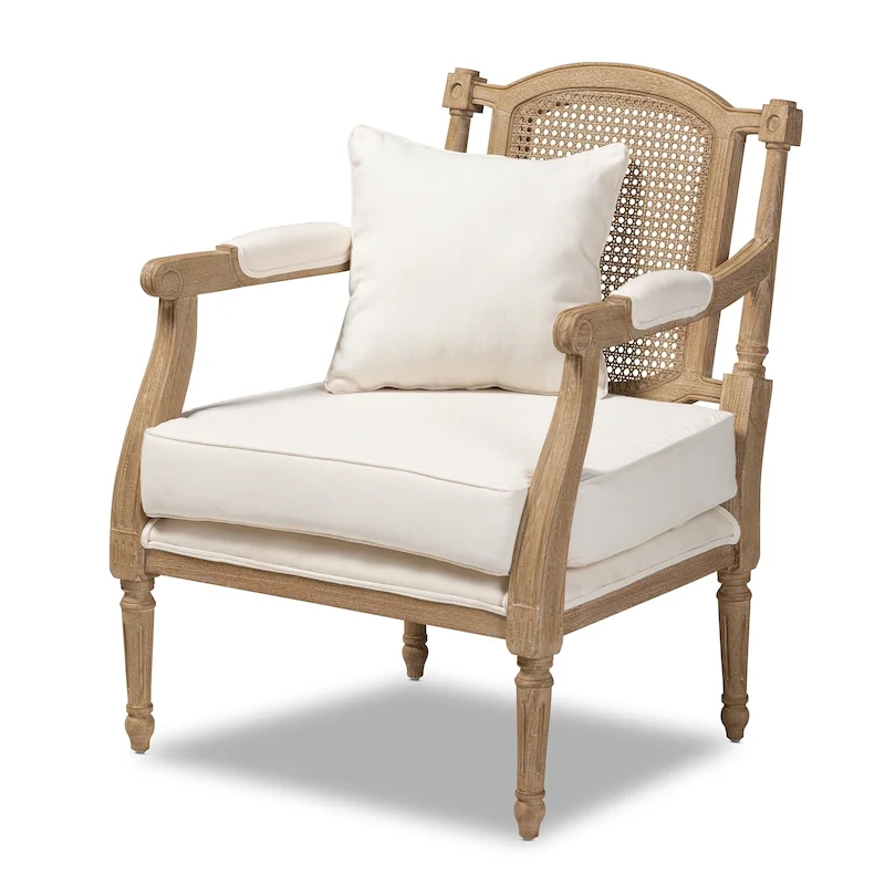 Ivory French Provincial Armchair, Single Seat, Carved Mahogany & Rattan