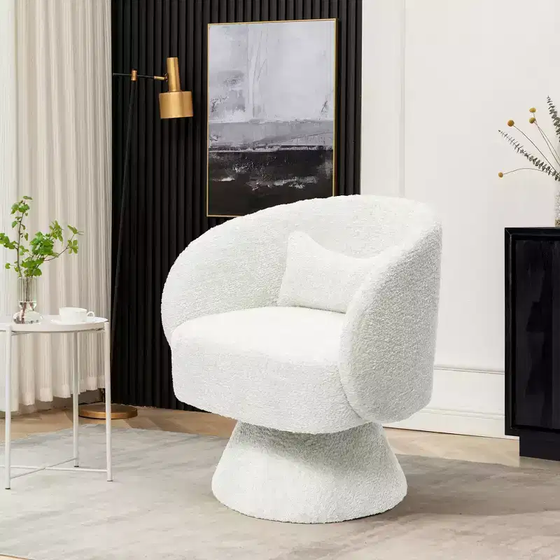Upholstered Cream Club Swivel Chair with Cream Wood Base, Off-White