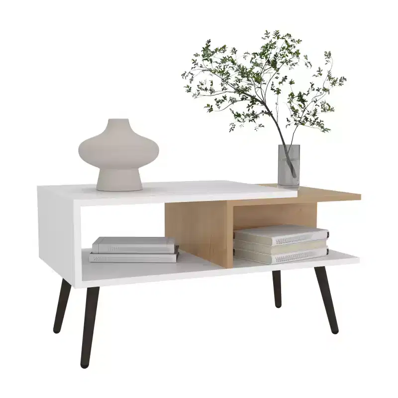 MAYEERTY Multicolor Scandinavian Coffee Table with 2 Shelves 4 legs White and Natural Oak