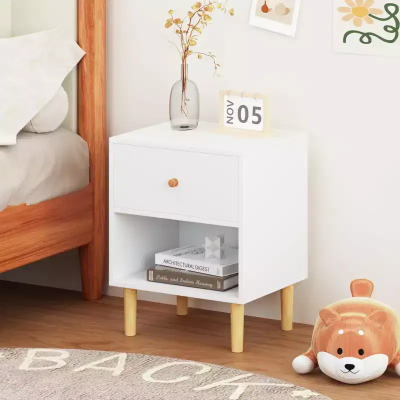 Kids Nightstand Wooden Nightstand End Table Side Table with Drawer&Shelf, White-ModernLuxe