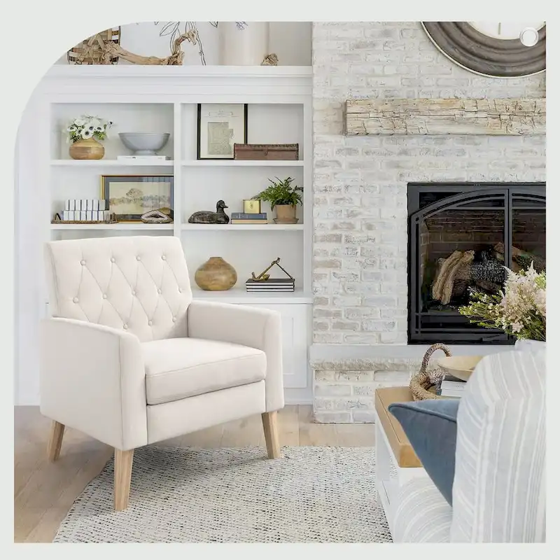 LUE BONA Linen and Walnut Legs Mid Century Modern Button Tufted Accent Chair - 29.53 H X 30 W X 33.07 D