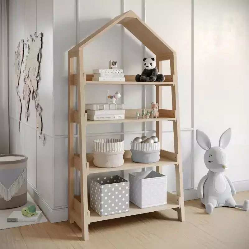 Wood Open Bookshelf with Covered Triangular Top, 4 Shelves and Squared Legs