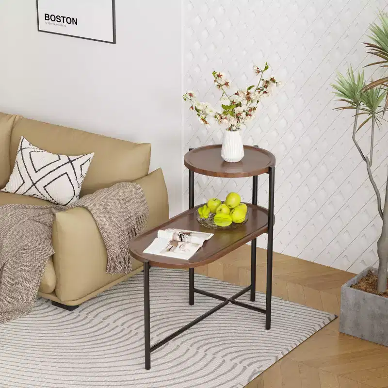 Chic Crate - Space-saving Walnut Brown Nightstand for Living Room - 2-tier Modern Sofa Side Table with Wood Storage Shelf