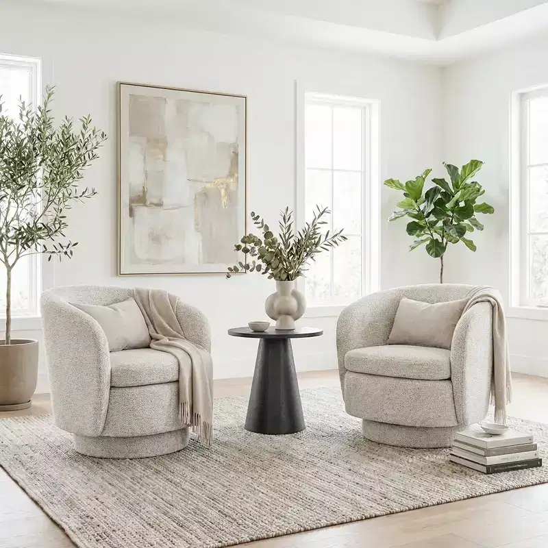 3-Piece Modern Seating Set with 2 Swivel Barrel Accent Chairs and Black Pedestal Round Side Table for Living Room or Reading Corner-Panipeachy
