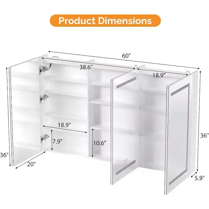 Extra Large Lighted Bathroom Medicine Cabinet with Mirror, Large 3-Door Wall Mounted Bathroom Medicine Cabinet with Lights