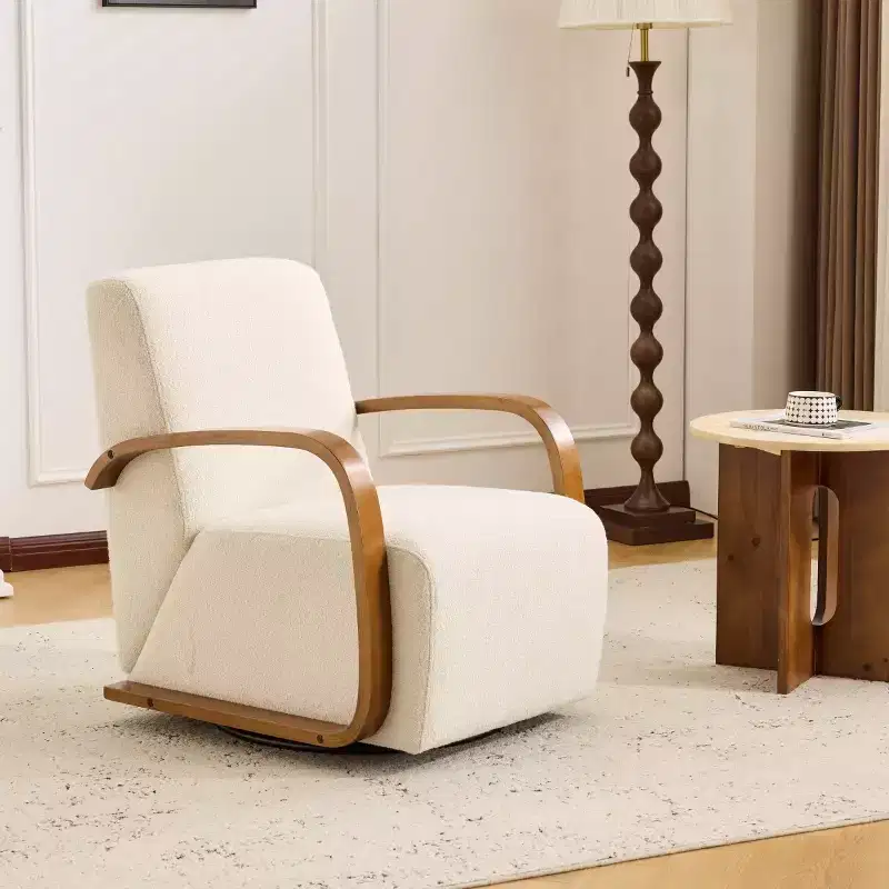 360 Swivel Accent Chair with Solid Wood Curved Arms, Mid-Century Modern Upholstered Side Chair for Living Room or Reading Nook-Panipeachy