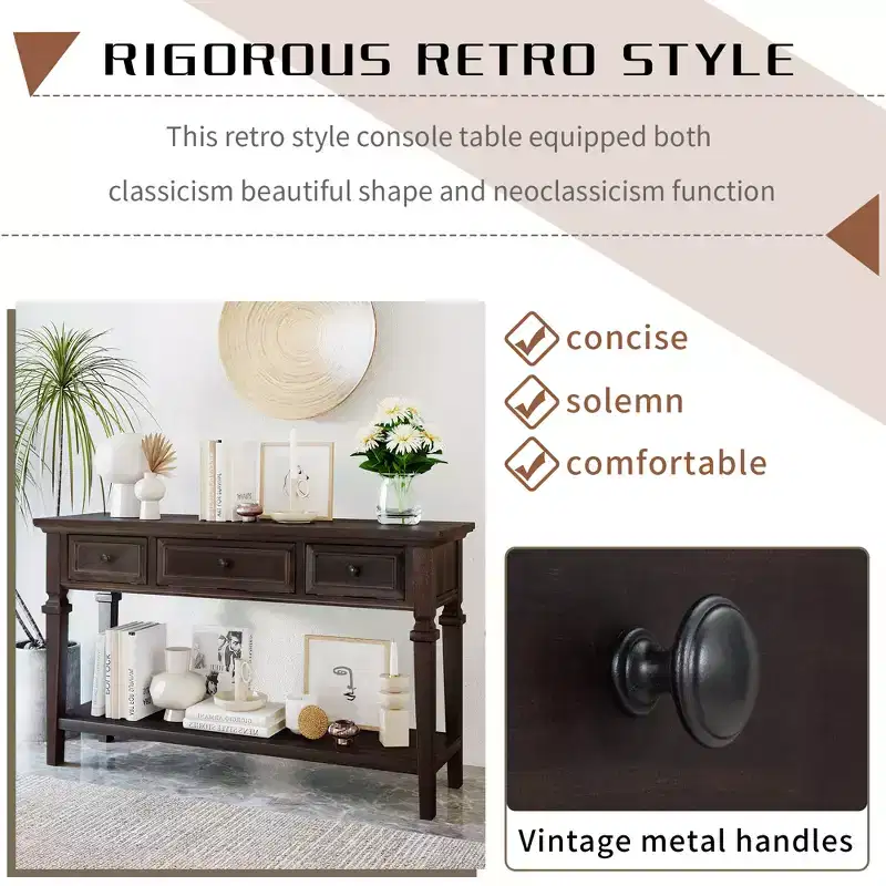 Whisen Classic Retro Style Console Table with 3-Top Drawers and Open Shelf
