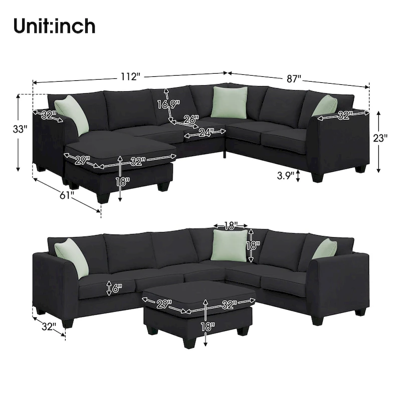 Modern Sectional Sofa with Ottoman, Modular, Spacious
