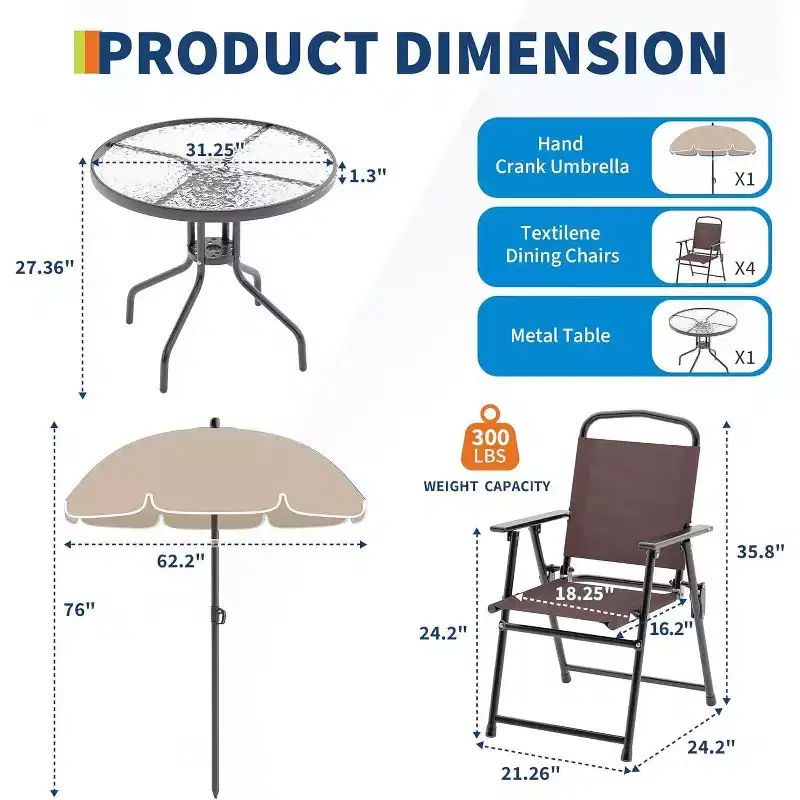 COZONY Patio Dining Set for 4, 6 Piece Outdoor Furniture 4 Folding Chairs Table Tempered Glass Top for Garden Deck Poolside