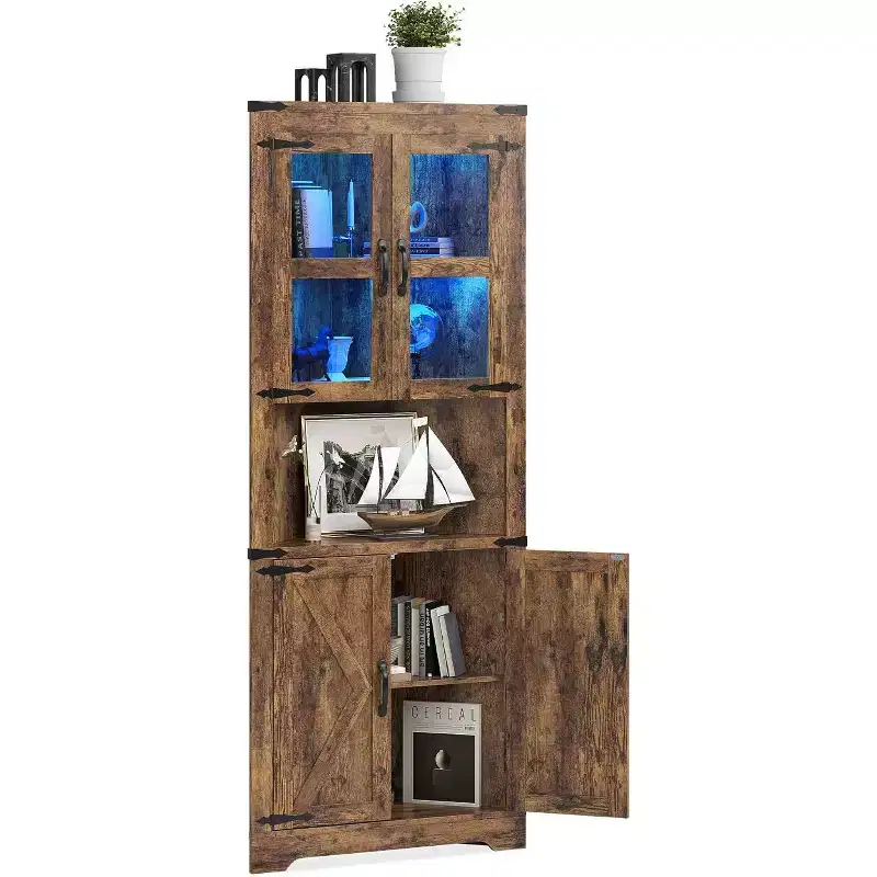 67 in Tall Corner Storage Cabinet with Lights, Corner Hutch Display Cabinet with Glass Doors, Wooden Storage Organizer for Kitchen