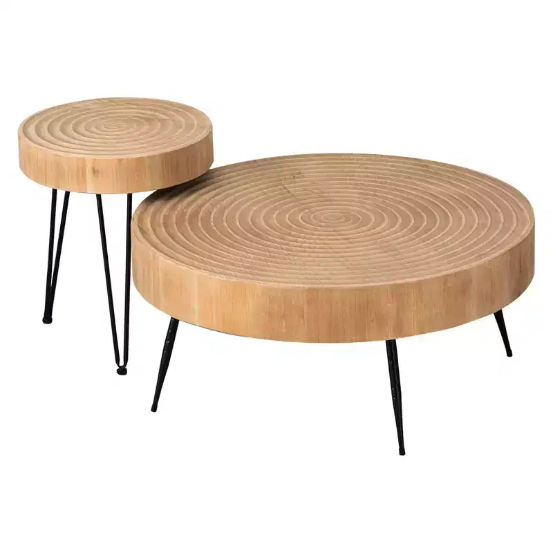 COZAYH 2-Piece Modern Farmhouse Living Room Coffee Table Set, Nesting Table Round Natural Finish with Handcrafted Wood, Ring Pattern