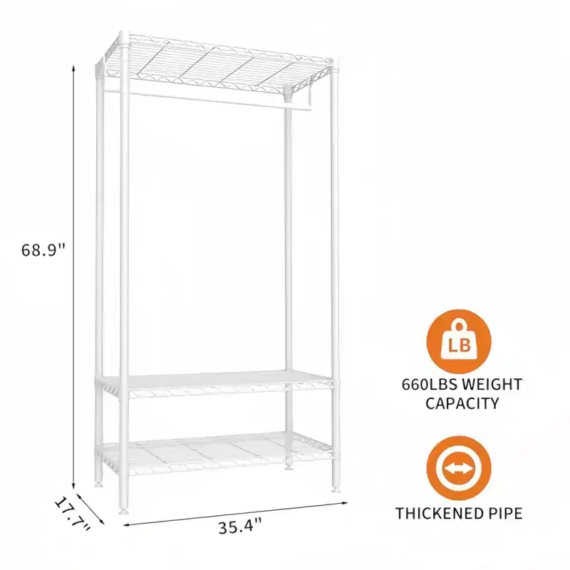 Metal Heavy Duty Garment Rack with Shelves, Adjustable Closet Organizer with 1 Hanger Rod, 35.4