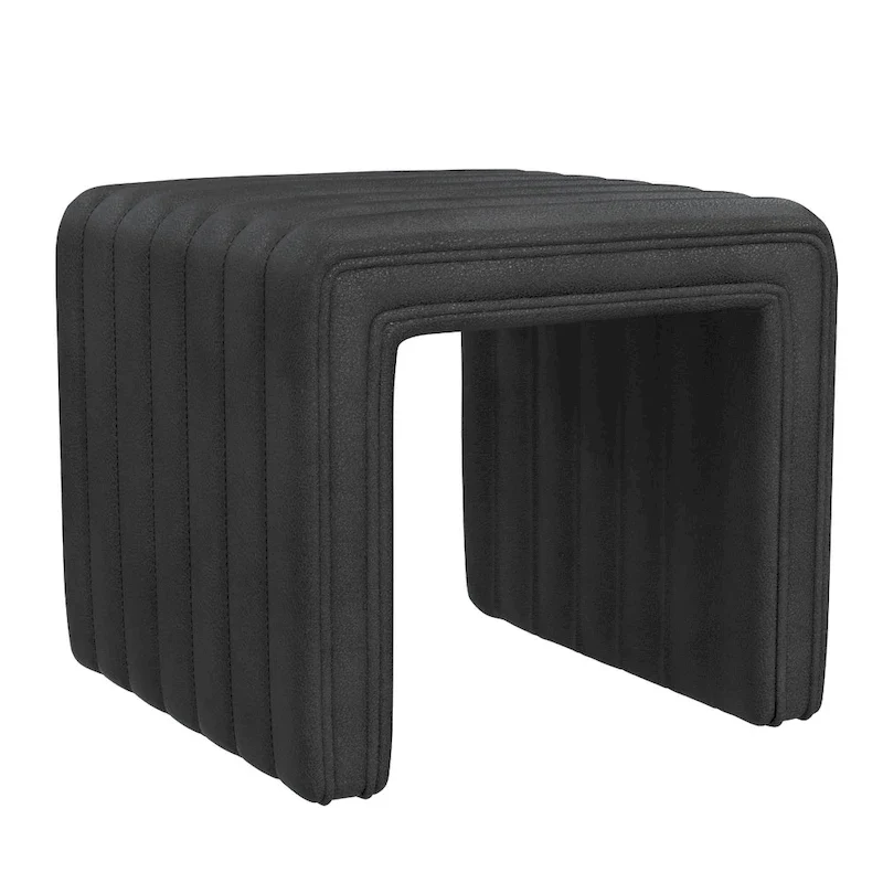 Black Faux Leather Square Ottoman, Channel Tufted, 1-Person, 19 Inch