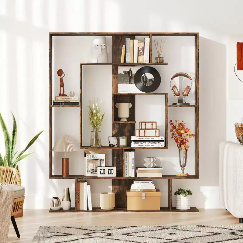7-Tier Bookshelf Geometric Bookcase with 2 Anti-Tipping Kits Rustic Brown/White