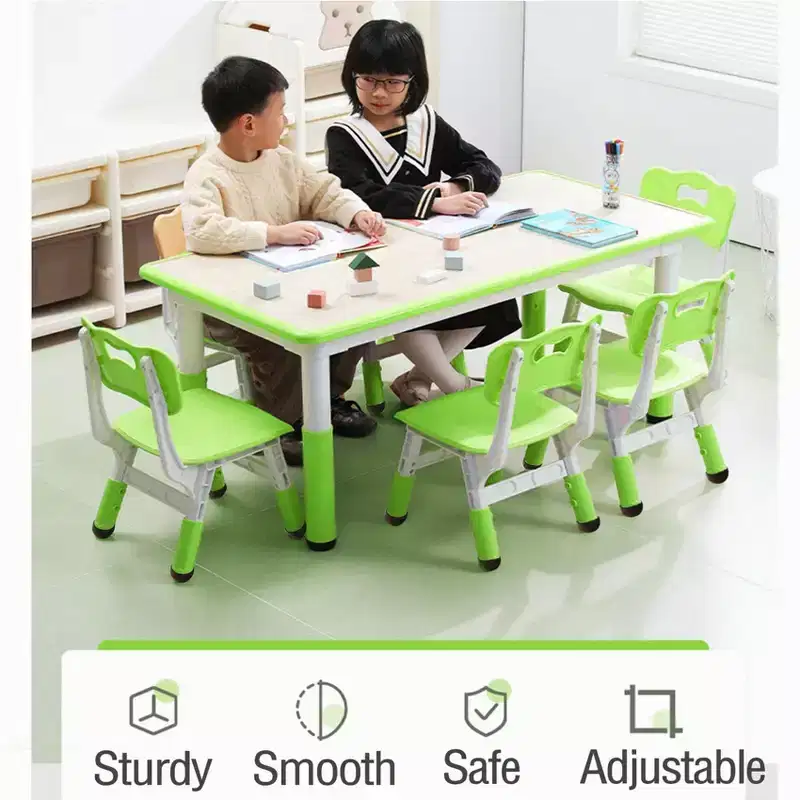 Kids Table and 6 Chair Set, Height Adjustable, Multifunctional Desk, Ergonomically Designed Chairs, for Classroom, Daycares