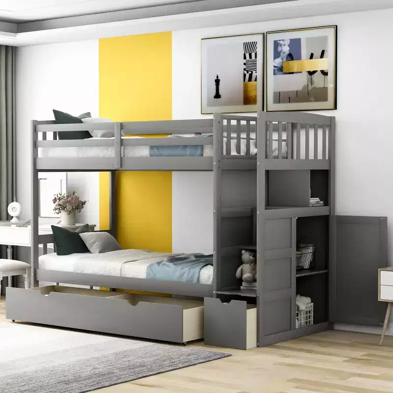 Twin over Twin Bunk Beds with Staircase and Drawers for Kids, Wooden Twin over Full Stairway Bunk Bed with Storage Cabinet