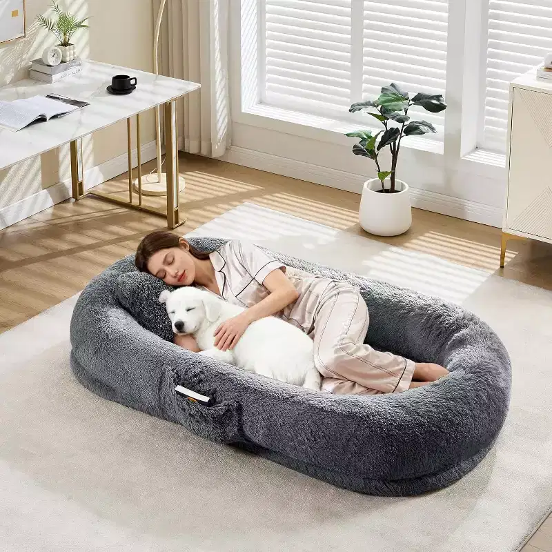 65x41x12 Human Dog Bed for Adult & Pets, Faux Fur Removable Human Dogs Bed with Portable Handle, Side Pocket, Egg Orthopedic Foam, Large Dog Beds