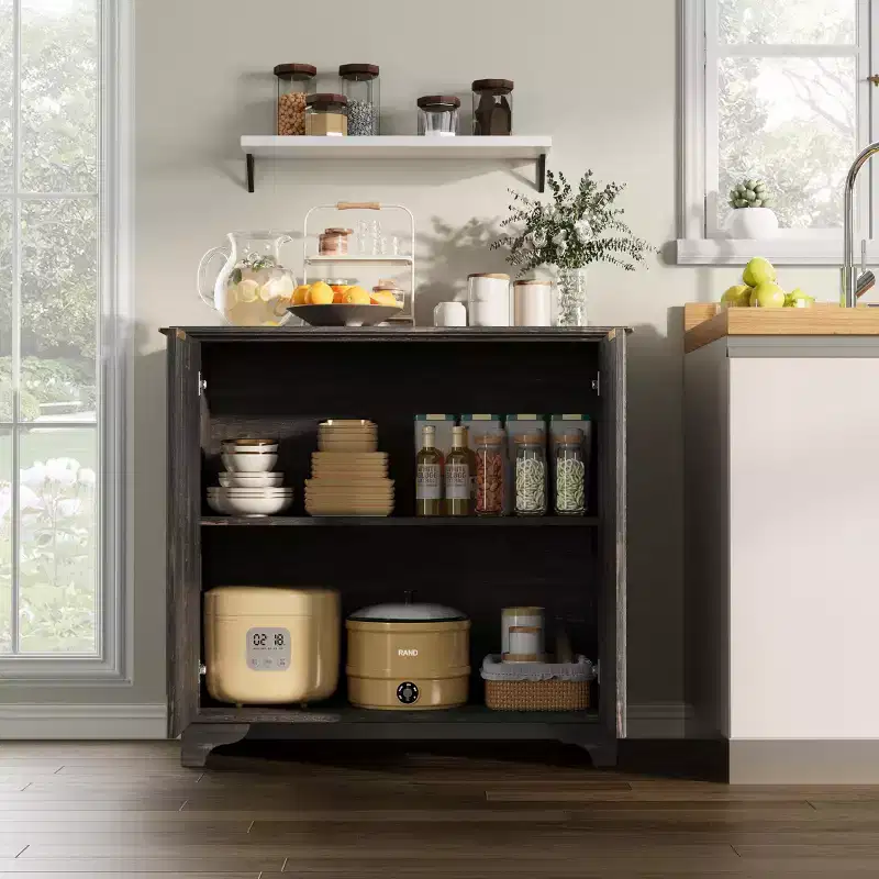 Buffet Cabinet with Fluted Doors, Farmhouse Kitchen Cupboard Storage with Adjustable Shelves, Modern Coffee Bar Cabinet for Home,Natural Oak