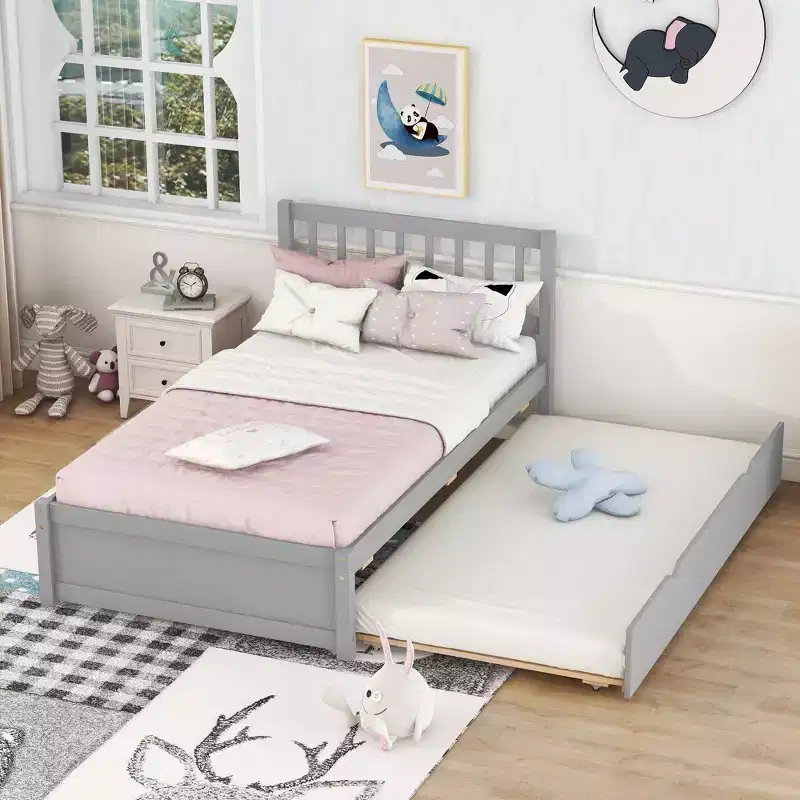 Twin Size Bed Frame with Trundle,Wood Platform Bed with Headboard,Twin Bed Frames for Kids,Teens,Adults,No Spring Needed, Grey