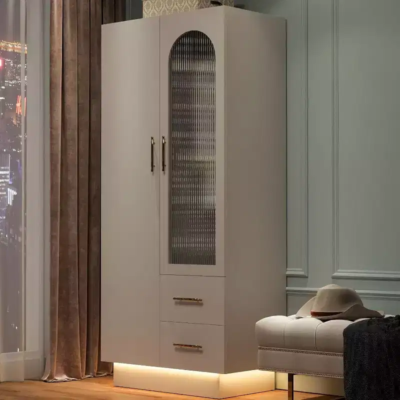 70 Tall Storage Cabinet with 2 Doors & 2 Drawers, Modern Floor Storage Cabinet with Fluted Glass Door, Hanging Rods & Adjustable Shelf, White