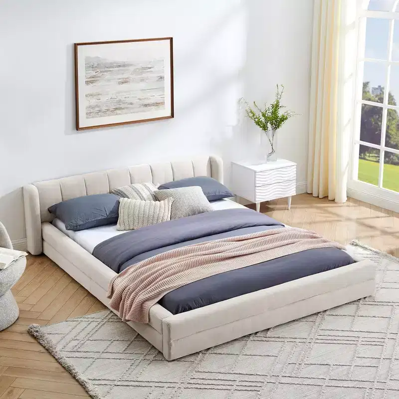 Chenille Upholstered Floor Bed with Thick Headboard