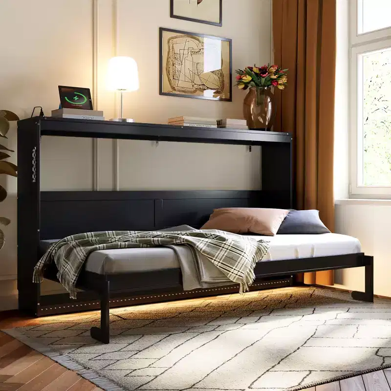 Queen Size Murphy Bed With Side-Folding, LED Under-Bed Lighting, Built-In USB Outlet, Easy Assembly, Black