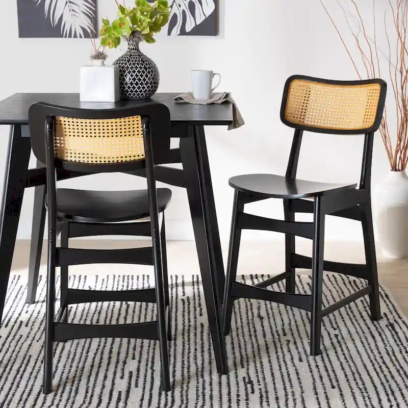 Tafari Mid-Century Modern Wood and Rattan 2-Piece Dining Chair Set