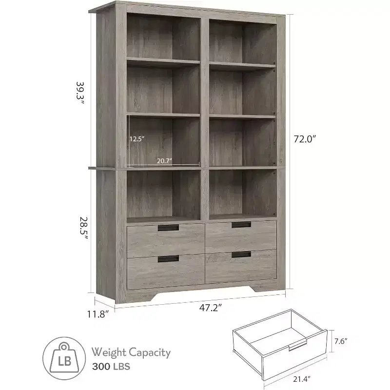 71 Tall Bookshelves with 4 Drawers,6 Tier Large Bookcase,Standing Shelving Unit for Living Room, Kitchen, Home Office