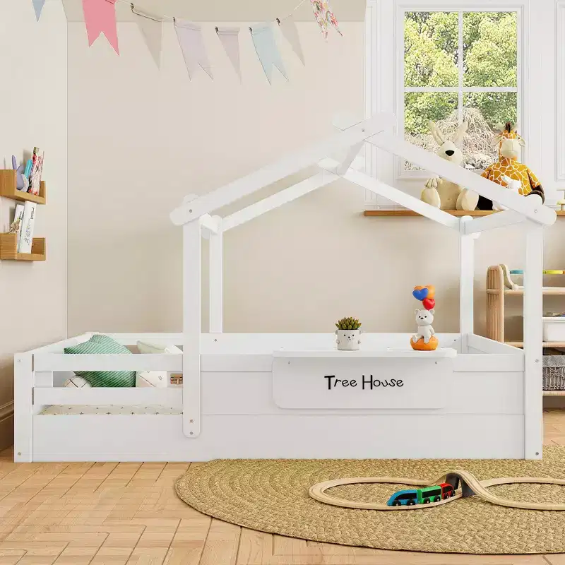 JVNOXK Full Size Floor Bed with Guardrails and Roof, Kids House Floor Bed with a Small Built-in Tray and Free-installed Signboard,White