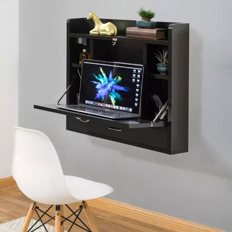 Basicwise Wall Mount Folding Laptop Writing Computer or Makeup Desk with Storage Shelves and Drawer