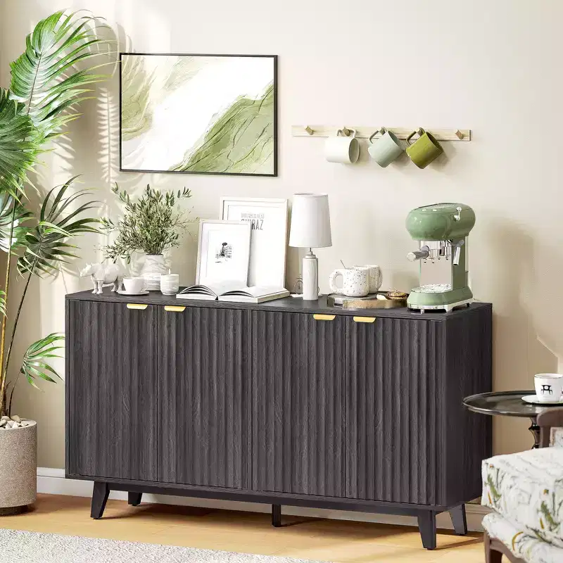 Fluted Sideboard Buffet Cabinet, 55 Coffee Bar Cabinet with 4 Doors, 2 Adjustable Shelves, 5 Wood Legs